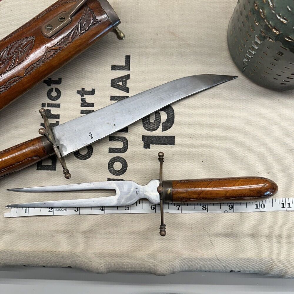 Knife Carving Set Hand Carved Wood Sheath Wooden Fork Vintage Antique